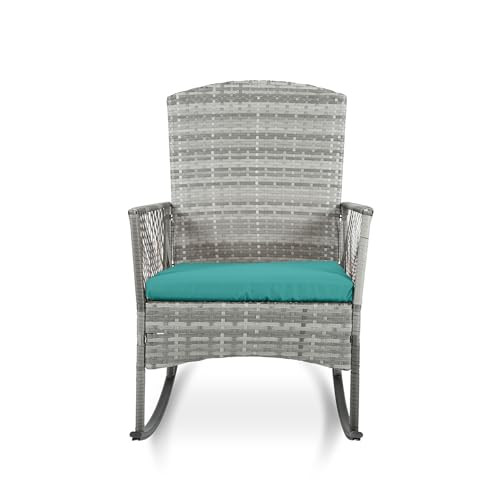 CIRMUBUY 3 Piece Patio Conversation Set, Outdoor Rocking Chairs Set of 2, Wicker Furniture Set with Glass Top Coffee Table and Cushions for Porch Garden Backyard Lawn (Grey Rattan, Blue Cushion)
